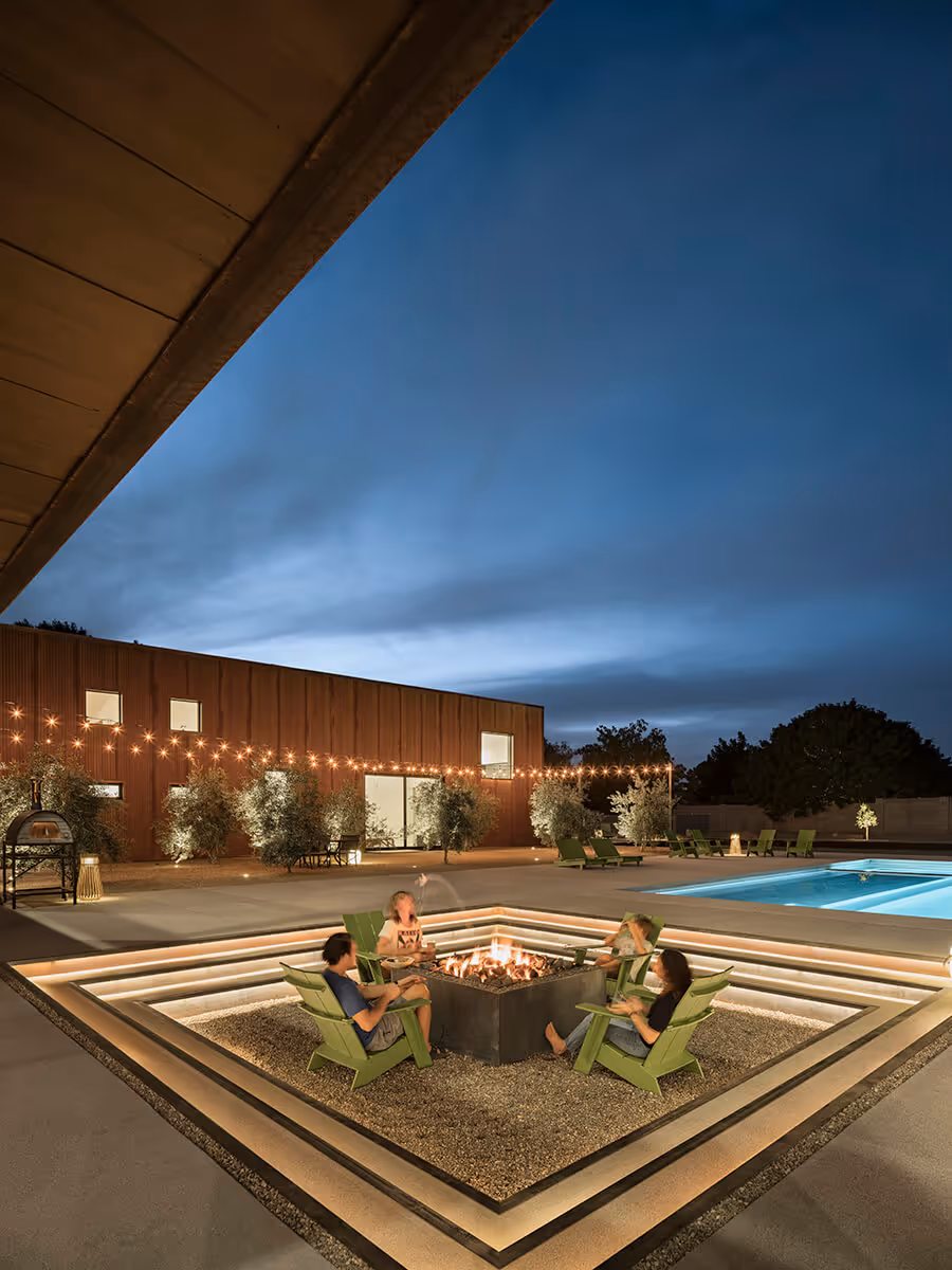 sunken firepit at night at a modern desert house in Phoenix by The Ranch Mine