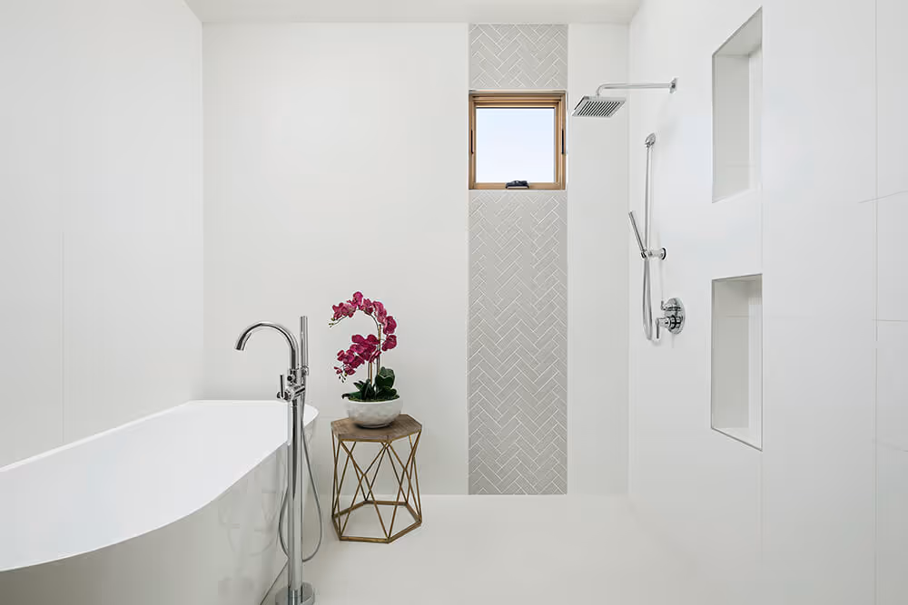 Tub in shower with fireclay tile detail at a southwest modern house by The Ranch Mine