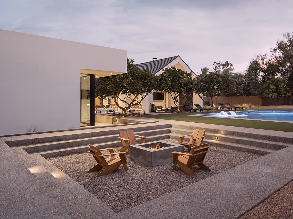 sunken fire pit at modern gable house in Paradise Valley Arizona by The Ranch Mine