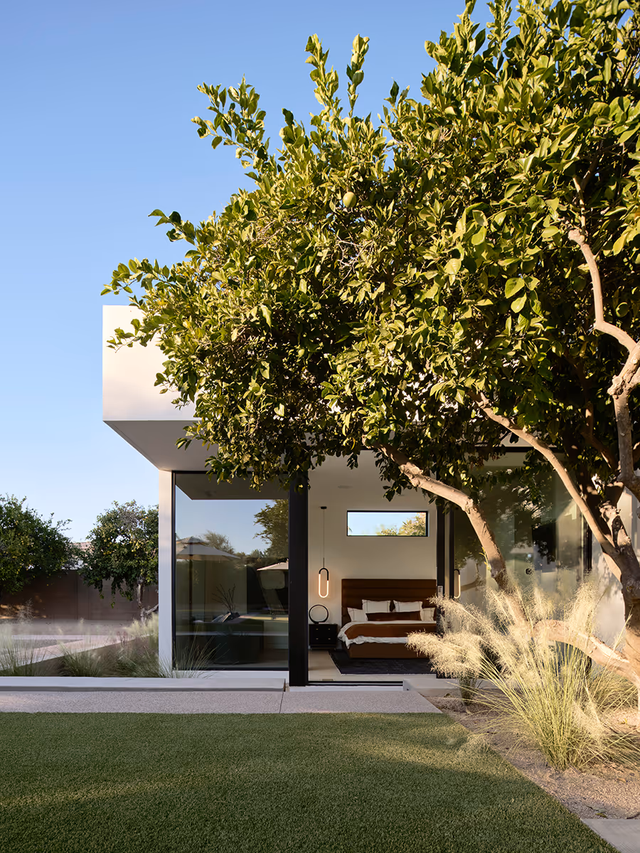 bedroom patio at modern gable house in Paradise Valley Arizona by The Ranch Mine