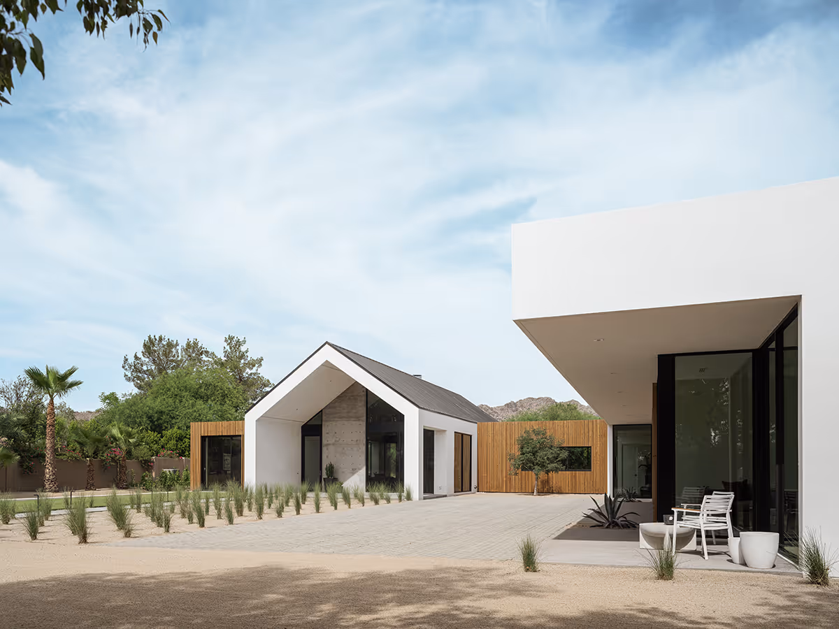 modern stucco and wood gable house in Paradise Valley Arizona by The Ranch Mine