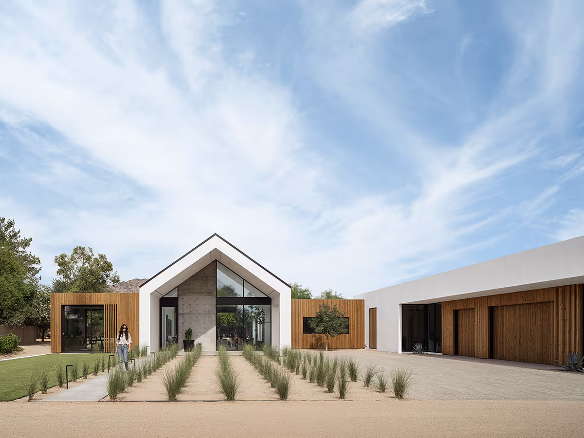 modern stucco and wood gable house in Paradise Valley Arizona by The Ranch Mine