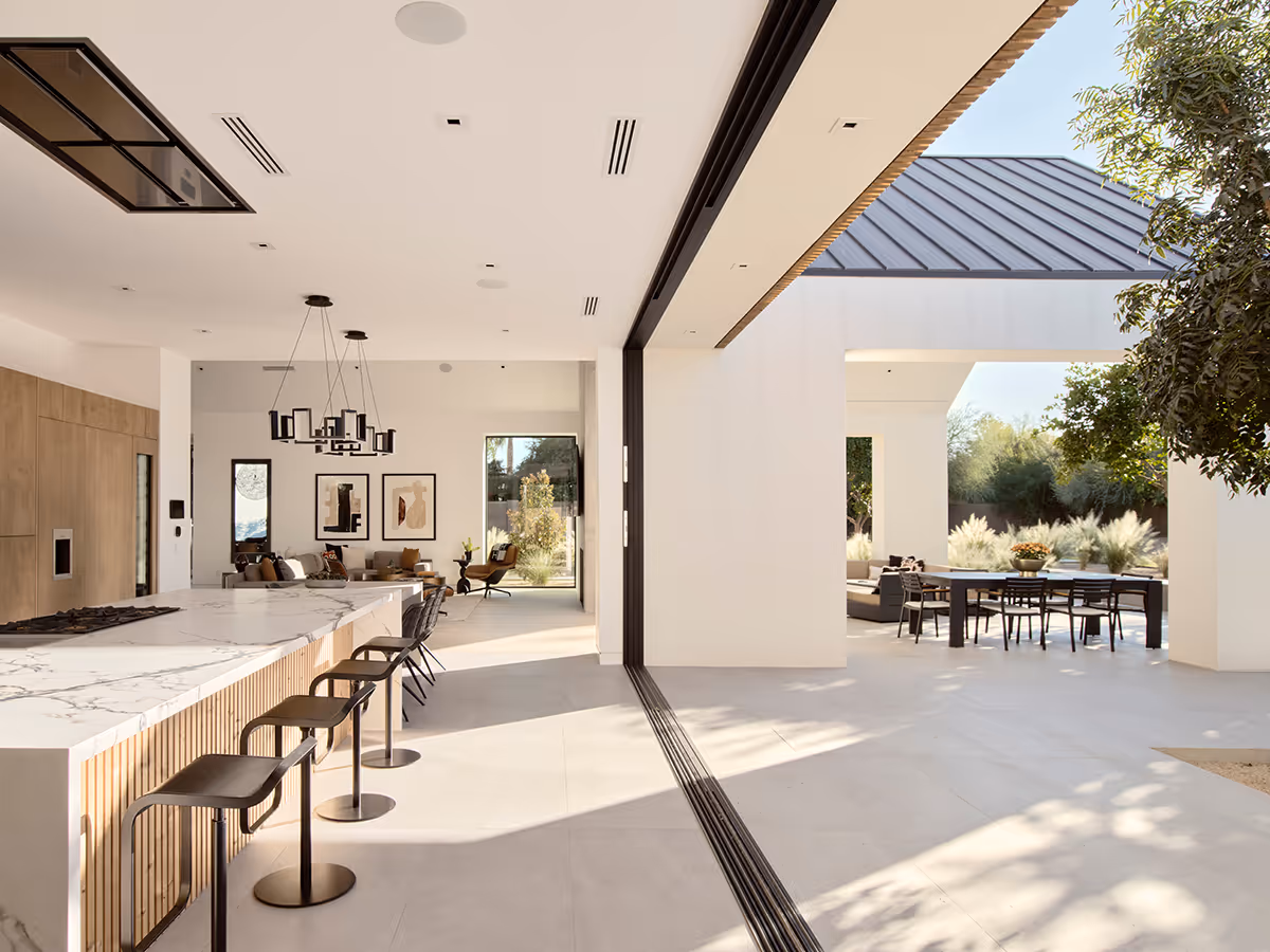 indoor outdoor living at modern gable house in Paradise Valley Arizona by The Ranch Mine