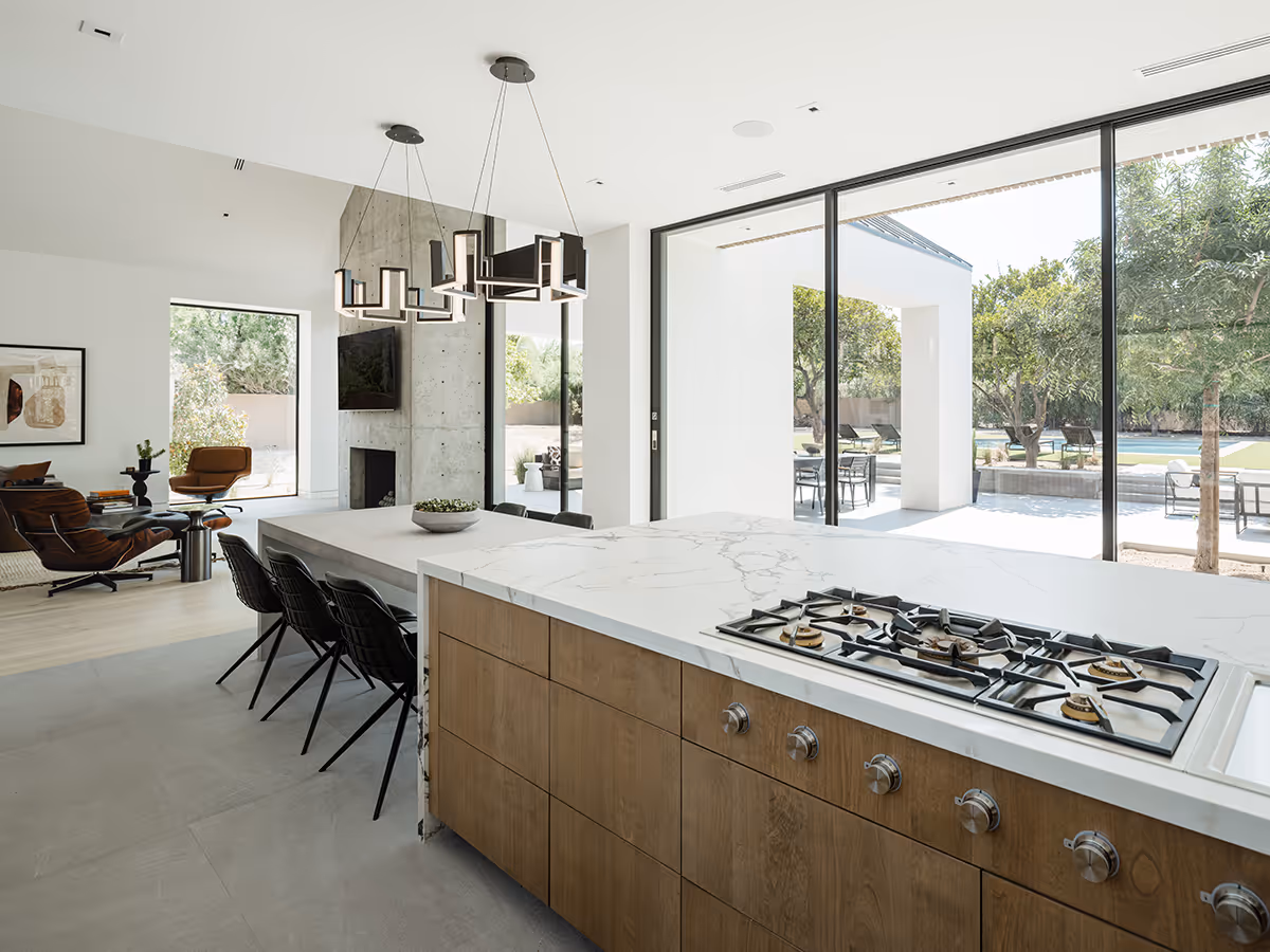 kitchen with built in table at modern gable house in Paradise Valley Arizona by The Ranch Mine