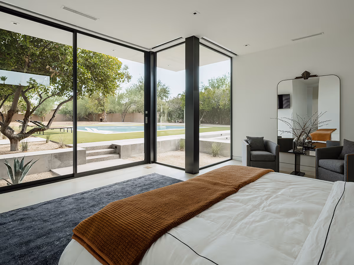 bedroom with a view at modern gable house in Paradise Valley Arizona by The Ranch Mine