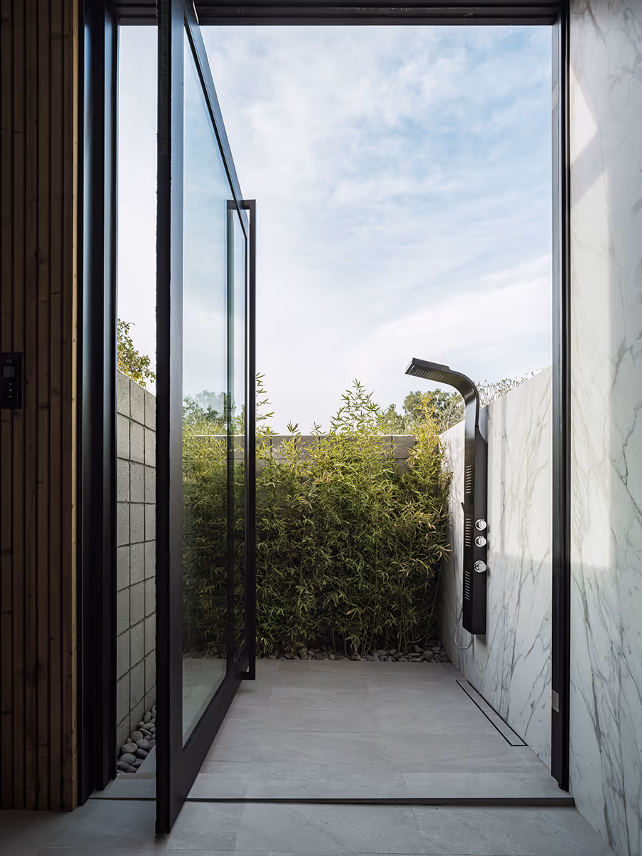outdoor shower at modern gable house in Paradise Valley Arizona by The Ranch Mine