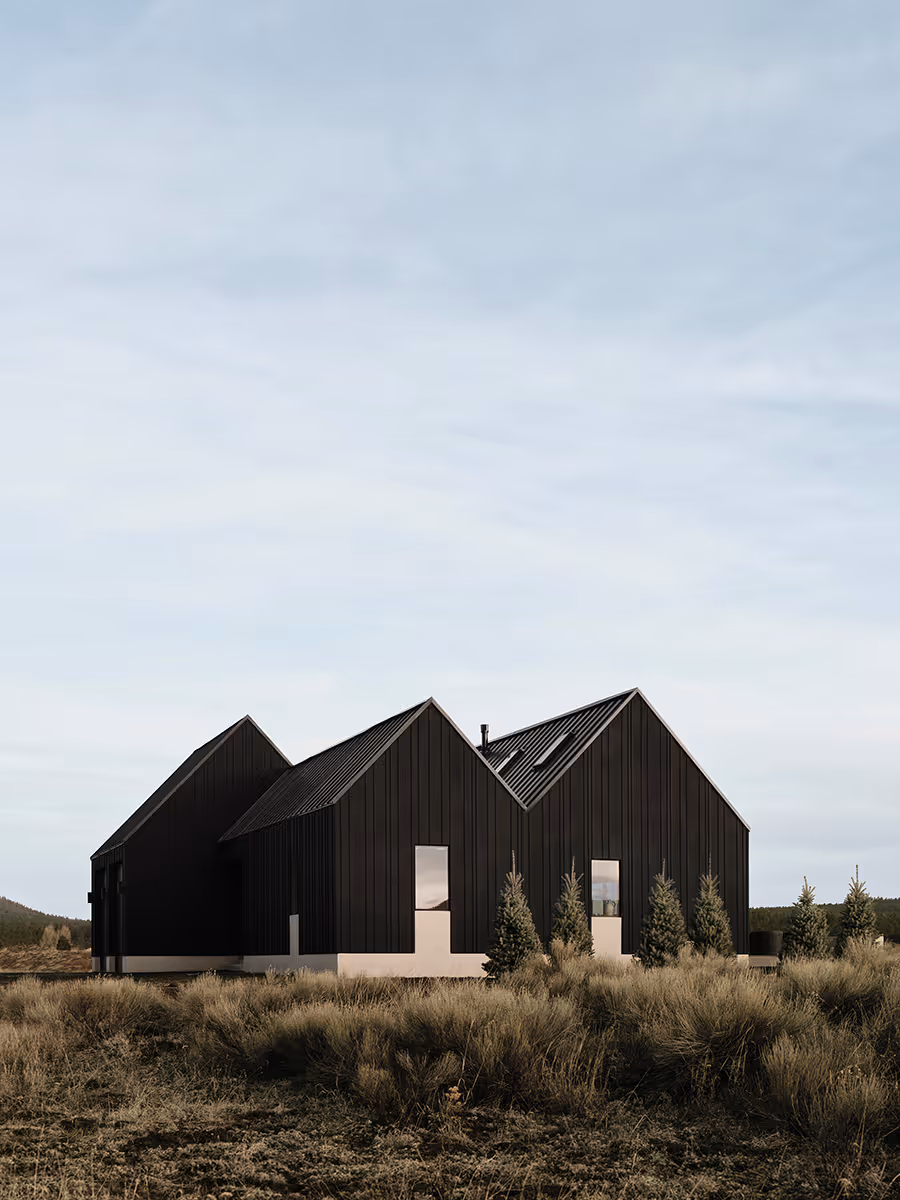 Modern Scandinavian black exterior house with gabled roofs in Flagstaff, Arizona by The Ranch Mine