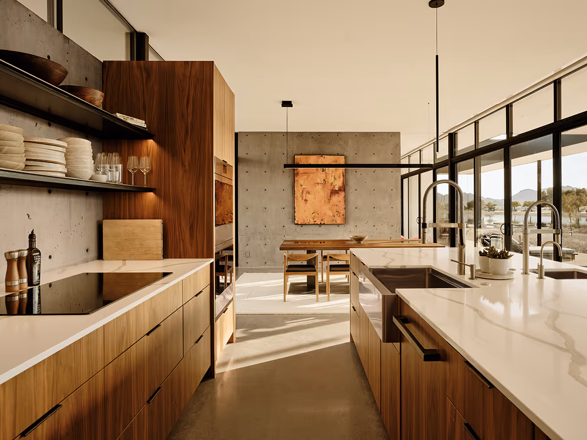walnut and concrete kitchen at a desert modern house in Arizona by The Ranch Mine