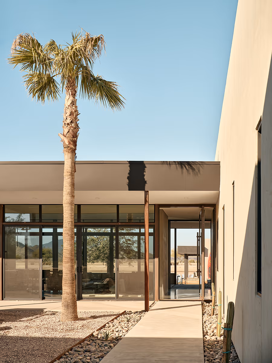 entry courtyard with a palm tree at a desert modern house in Arizona by The Ranch Mine