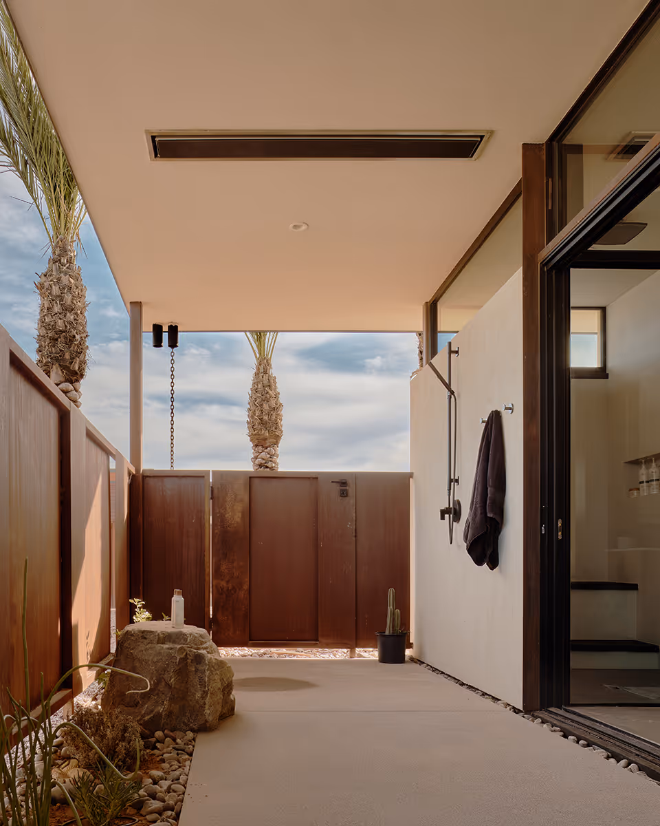 outdoor shower at a desert modern house in Arizona by The Ranch Mine