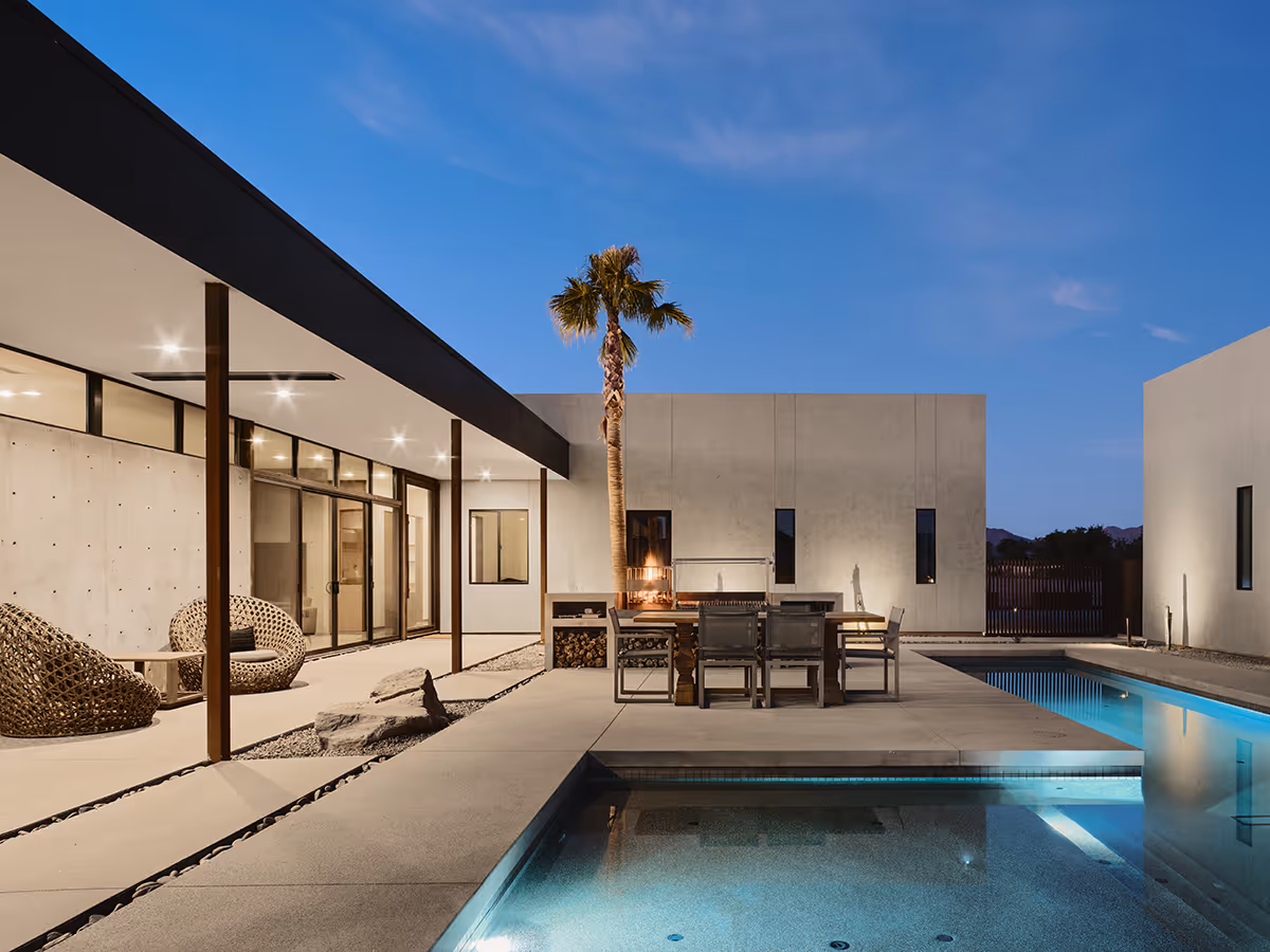 baja shelf and parilla at night at a desert modern house in Arizona by The Ranch Mine