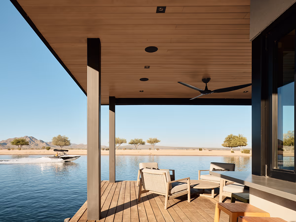 modern boat house on a water ski lake in Arizona by The Ranch Mine