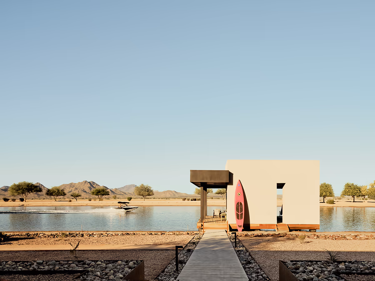 modern boat house on a water ski lake in Arizona by The Ranch Mine