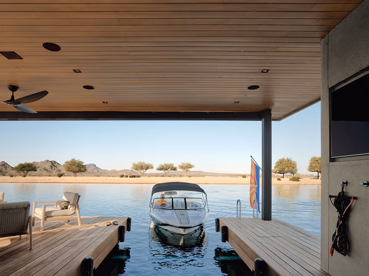 modern boat house on a water ski lake in Arizona by The Ranch Mine