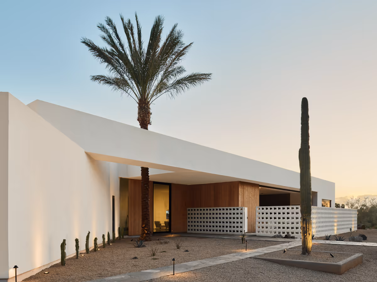 modern house with breeze block wall and date palm tree through roof aperture by The Ranch Mine