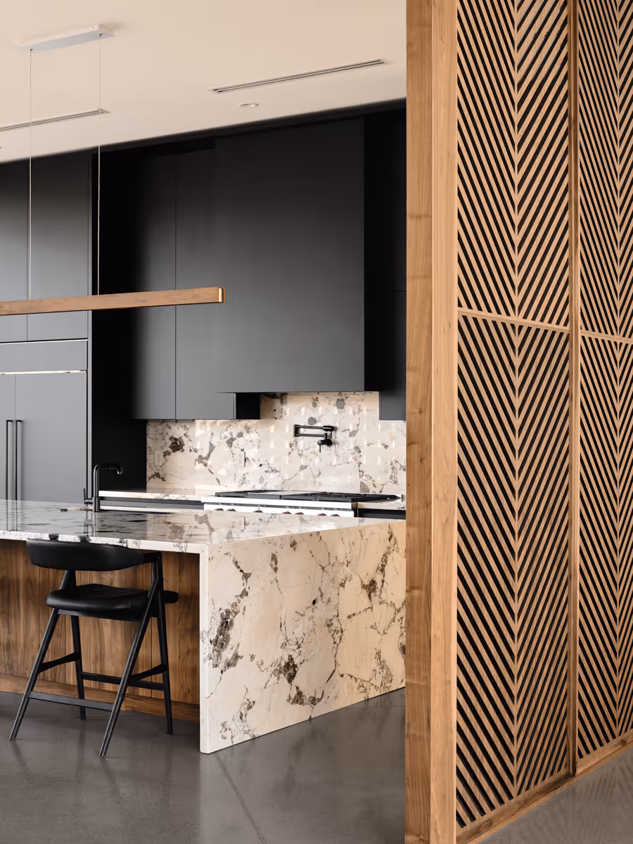 kitchen with wood divider screen by The Ranch Mine