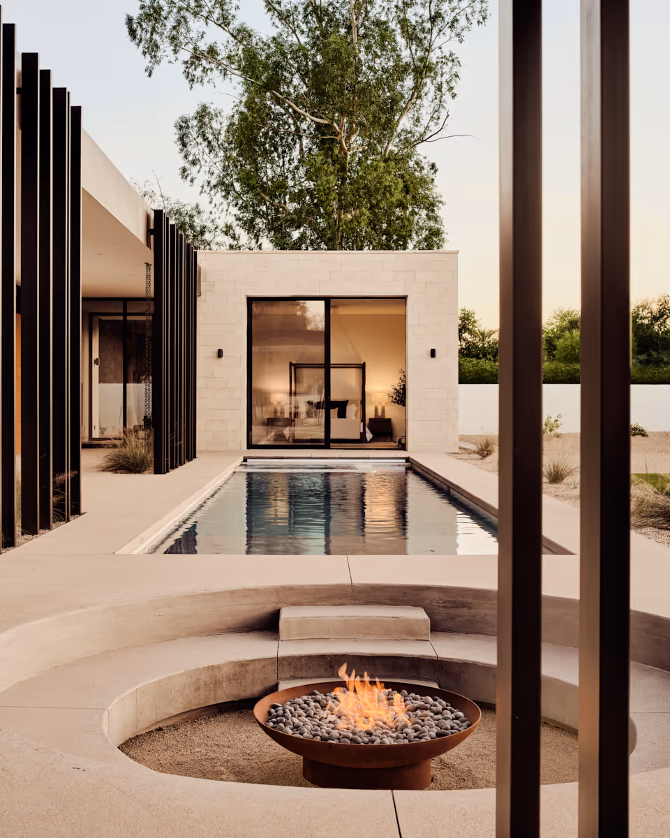 modern desert house sunken fire pit and pool