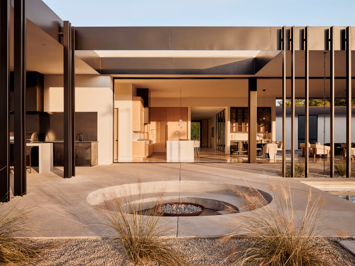 modern desert house sunken fire pit