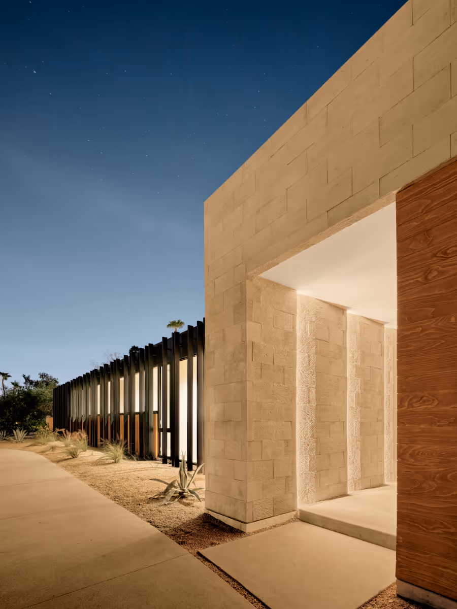 modern desert house entry with LED lights