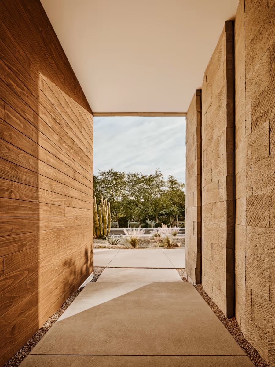 modern desert house entry with travertine
