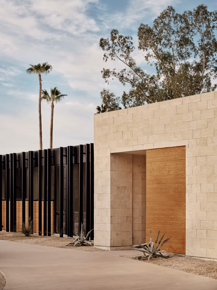 modern desert house entry with travertine