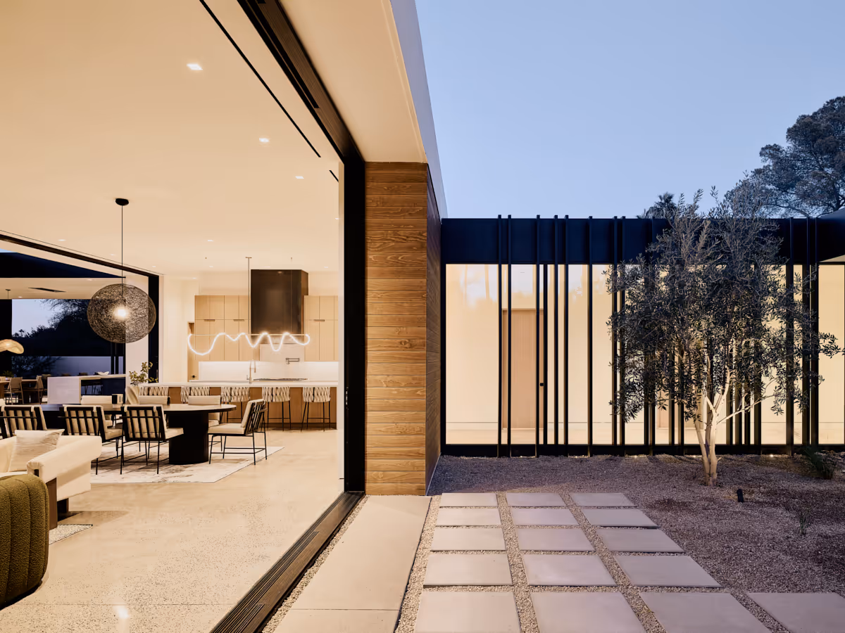 modern desert house glass hallway