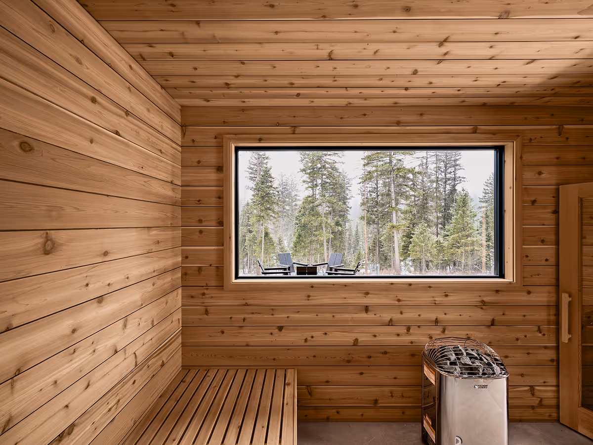 Modern sauna in a pine forest in Whitefish, Montana