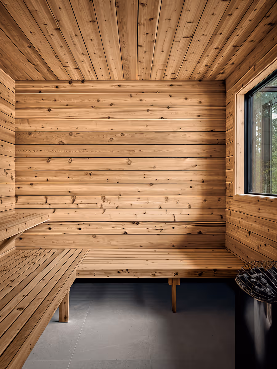 Modern sauna in a pine forest in Whitefish, Montana