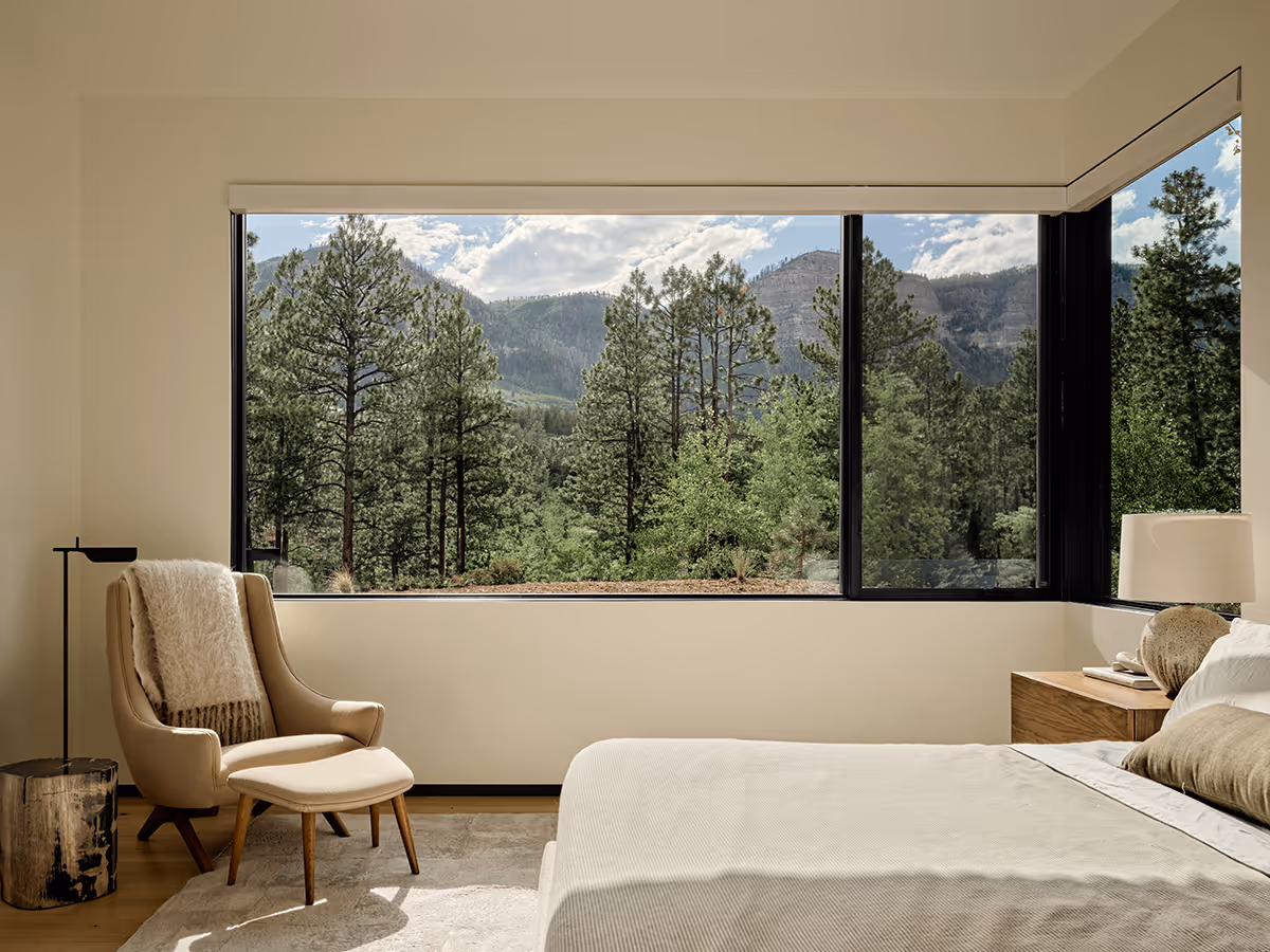 bedroom in modern mountain home in Durango, Colorado with a beautiful mountain view by The Ranch Mine