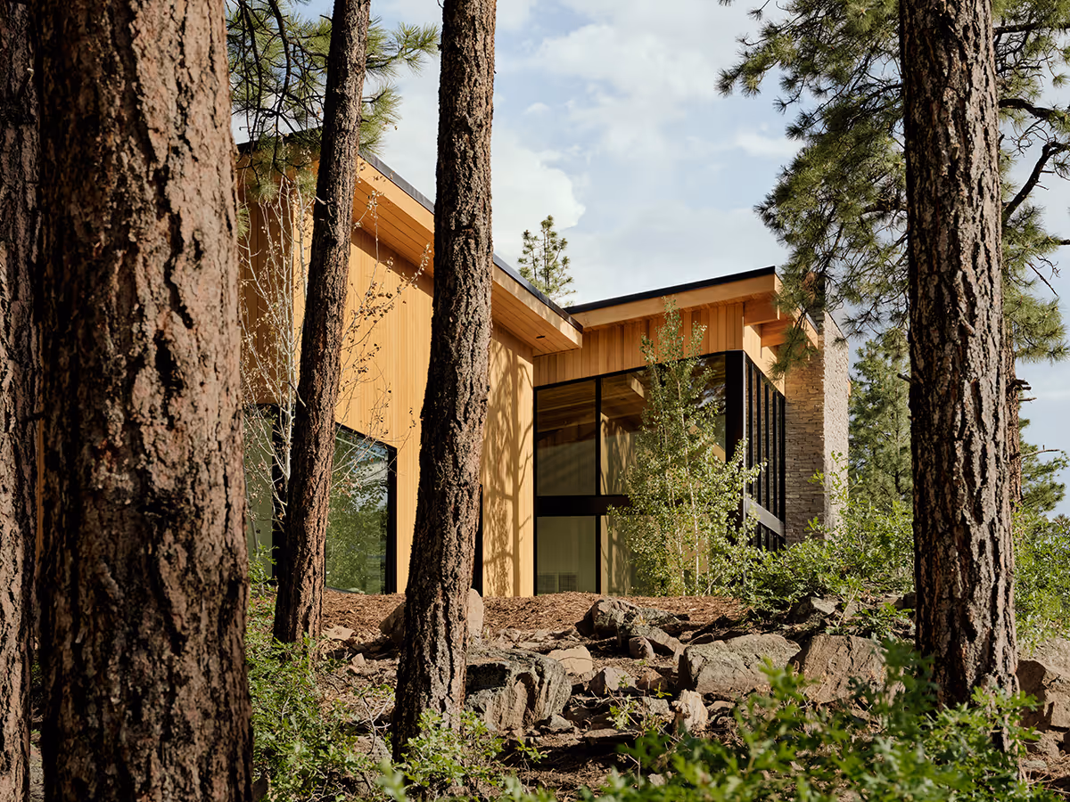 modern mountain home in Durango, Colorado with lots of glass, a stacked stone chimney and wood siding by The Ranch Mine