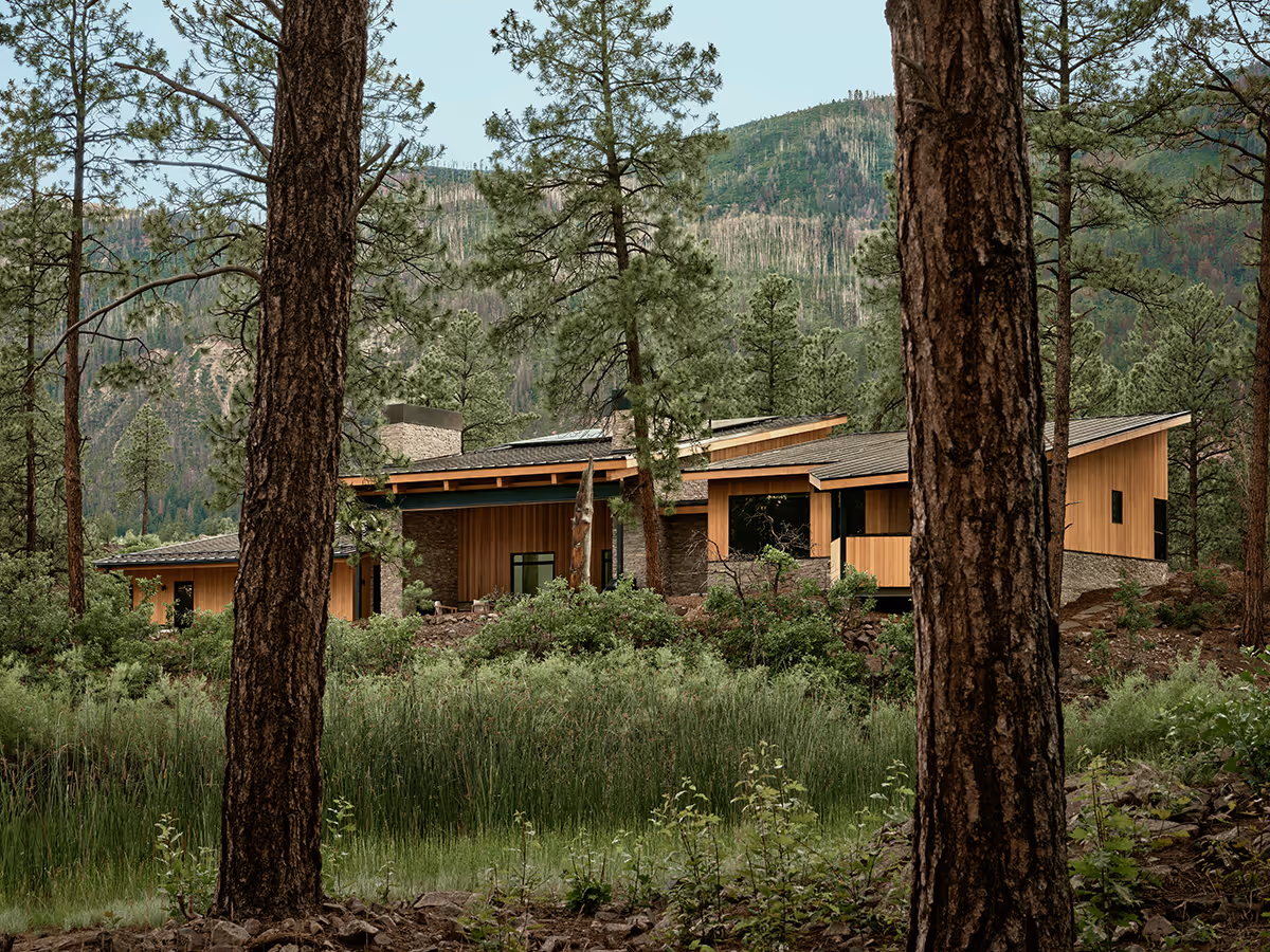modern mountain home in Durango, Colorado with lots of glass, a stacked stone chimney and wood siding by The Ranch Mine