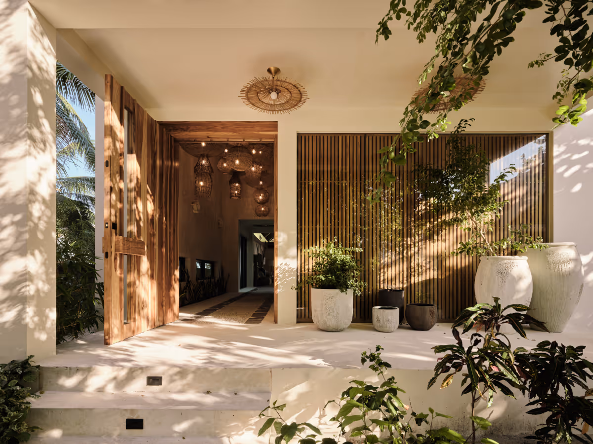Front door at a tropical modern house in Belize by The Ranch Mine