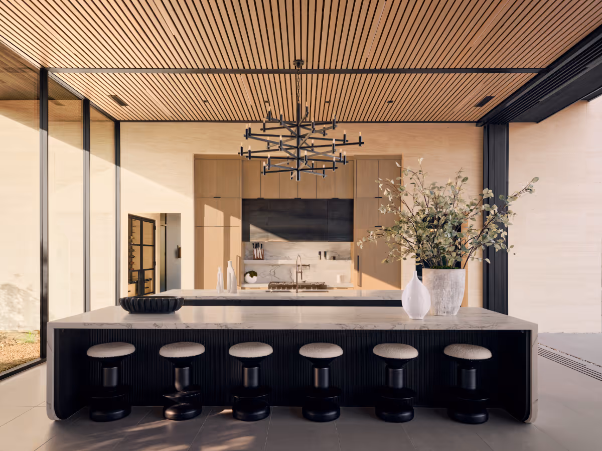 Kitchen with custom wood slat ceiling in new build home in Seven Canyons in Sedona by The Ranch Mine
