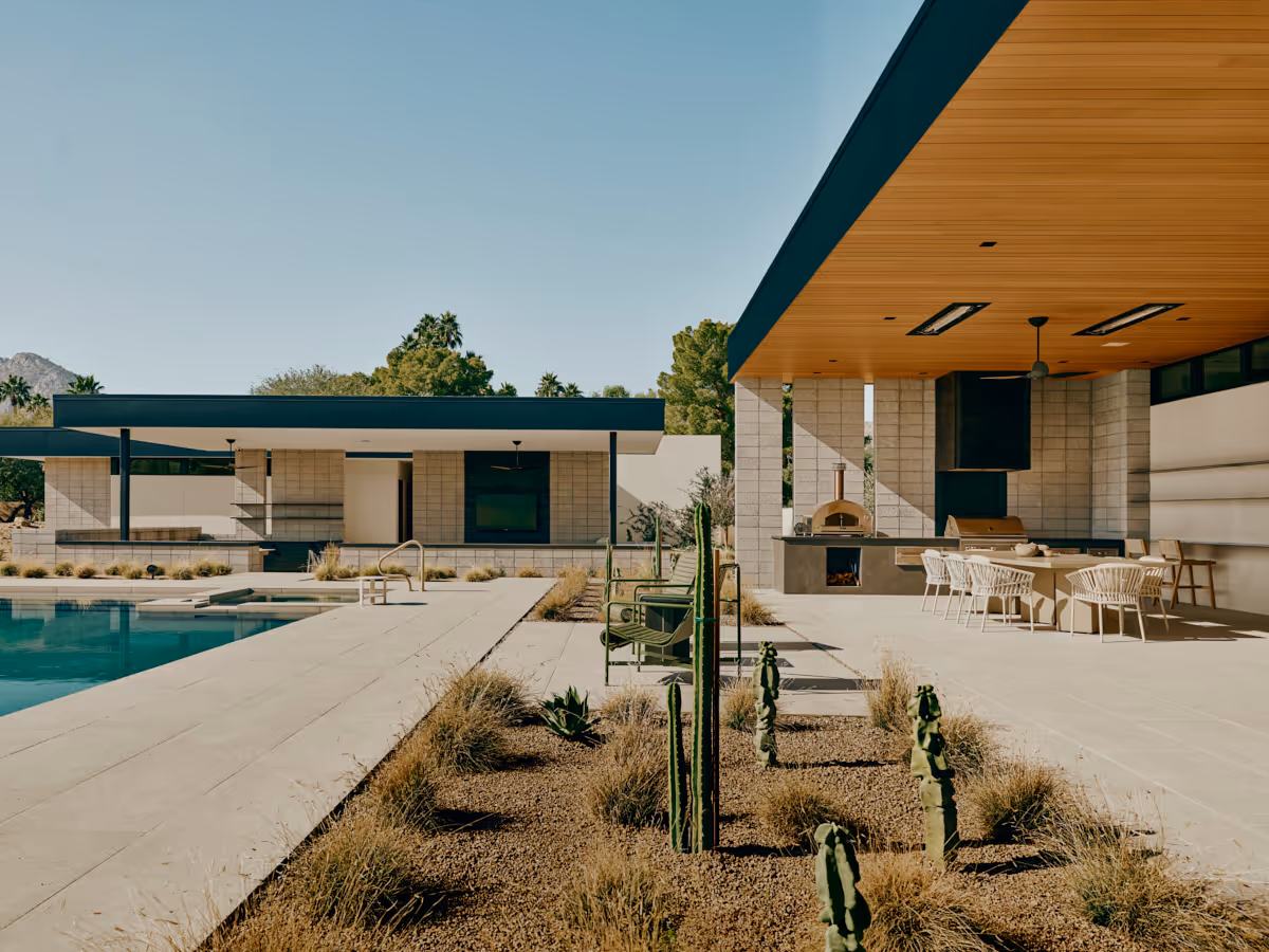 covered patio and outdoor living  at Full Circle, a multigenerational new build compound in Paradise Valley, Arizona by The Ranch Mine