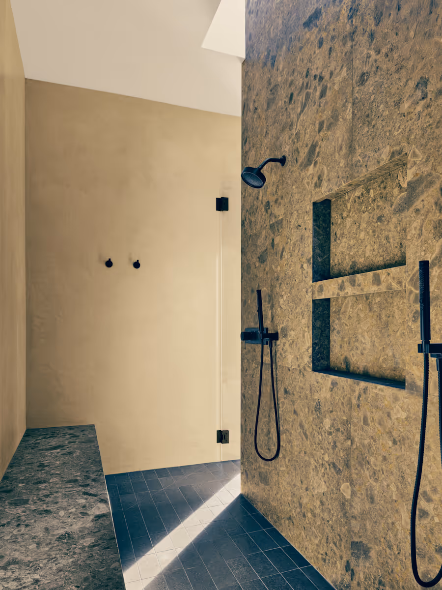 walk in shower with skylight  at Full Circle, a multigenerational new build compound in Paradise Valley, Arizona by The Ranch Mine
