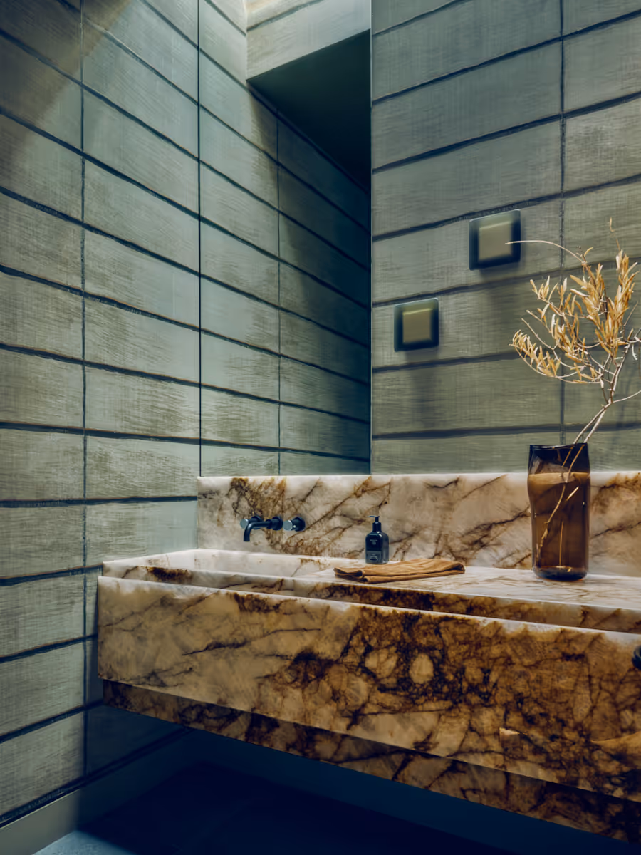 skylit powder room  at Full Circle, a multigenerational new build compound in Paradise Valley, Arizona by The Ranch Mine