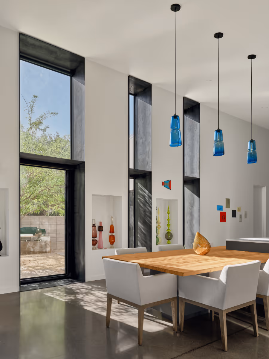 modern interior of a vaulted living area in a glass artist house
