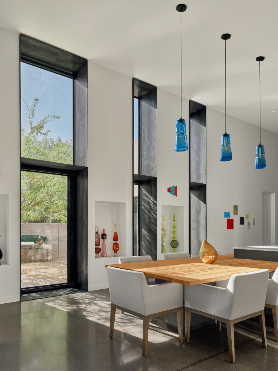 modern interior of a vaulted living area in a glass artist house