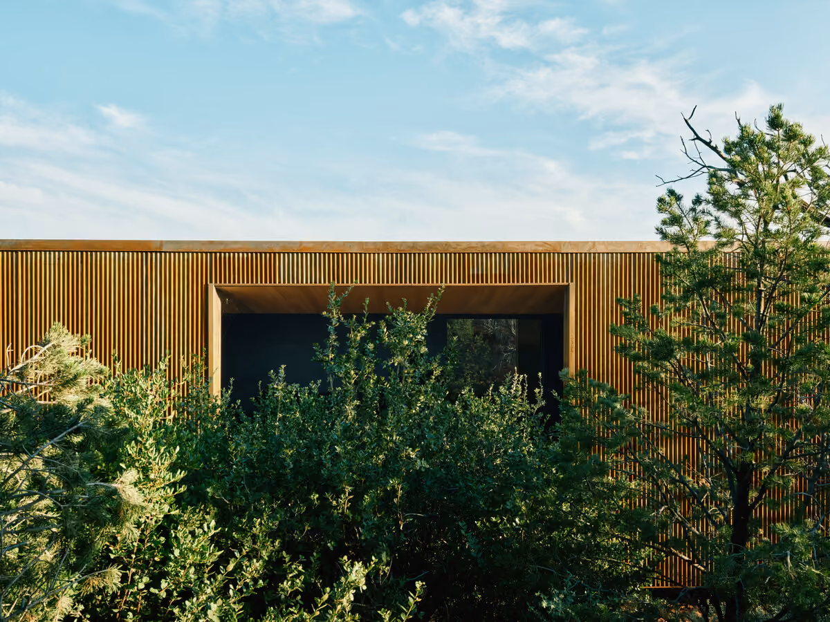 Recessed window bay cut into a corrugated corten facade behind scrub oak and pine