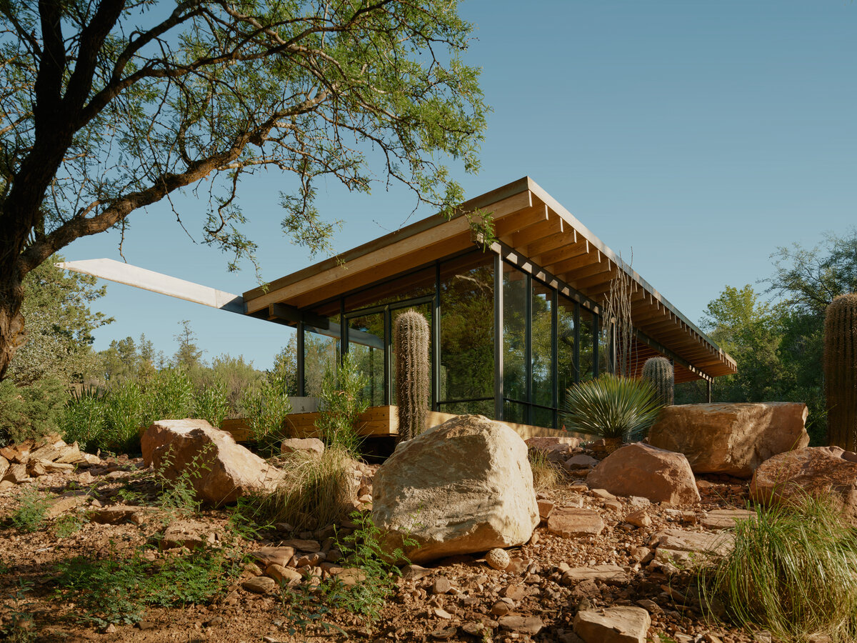 modern pavilion in the woods by a creek in Sedona