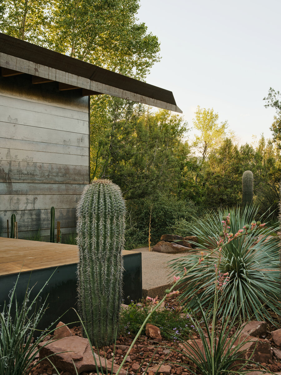 wellness pavilion in the woods with steel siding and huge gutterby a creek in Sedona