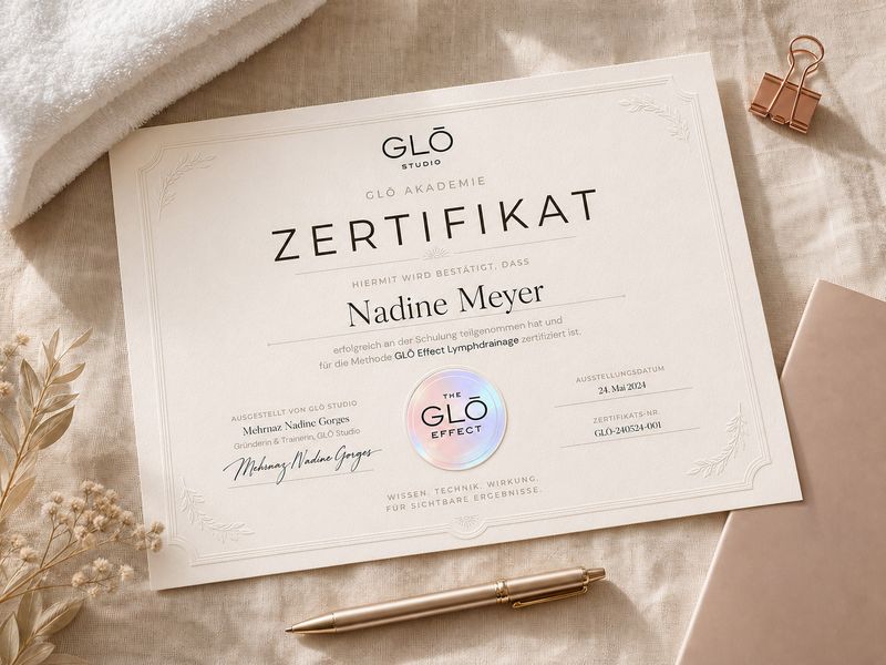 GLŌ Studio Zertifikat: zertifizierte GLŌ Effekt Therapeutin, auf Cream-Fl&auml;che
