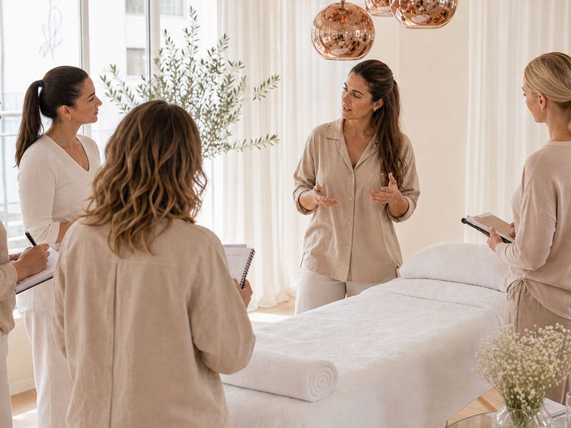 Im GLŌ Studio in K&ouml;ln: die Trainerin erkl&auml;rt einer kleinen Gruppe die GLŌ Effekt Lymphdrainage am Behandlungstisch