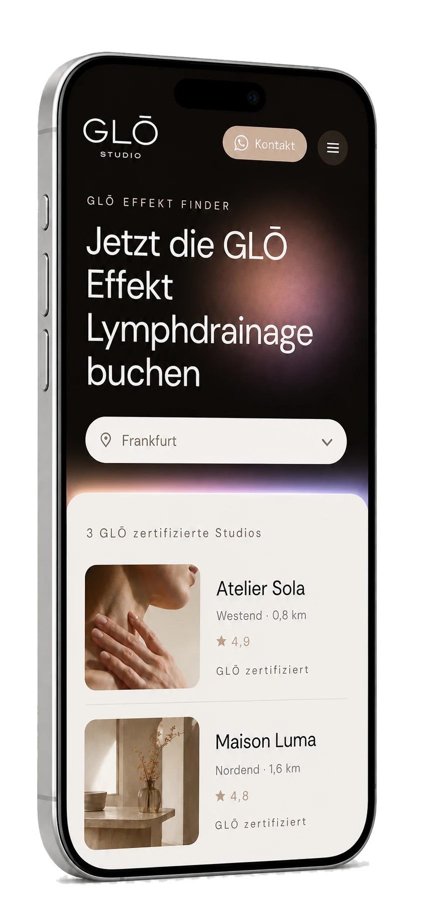 GLŌ Effekt Finder mit Studioauswahl, Akademie-Glow und zertifizierten Studios