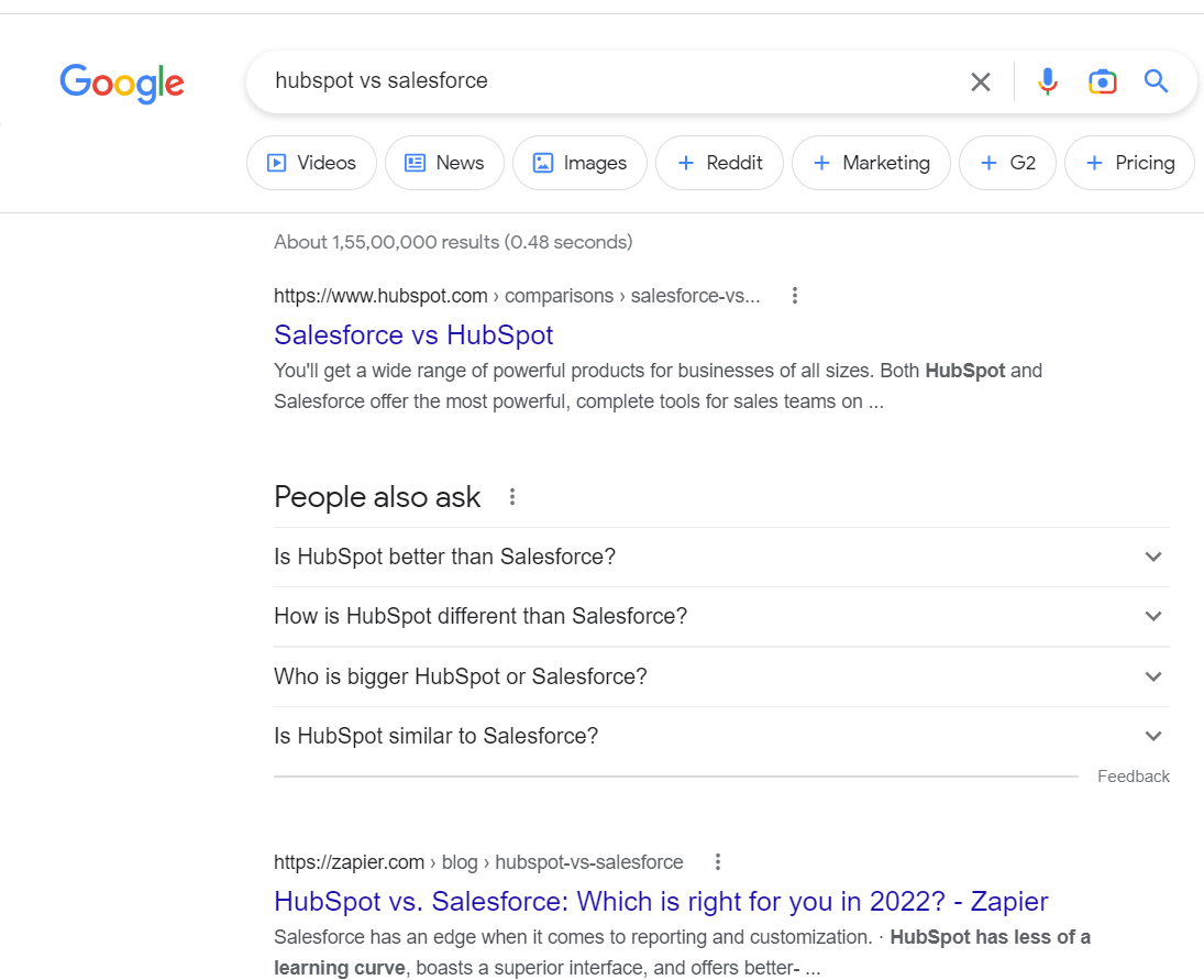 screenshot of a google search  hubspot vs salesforce