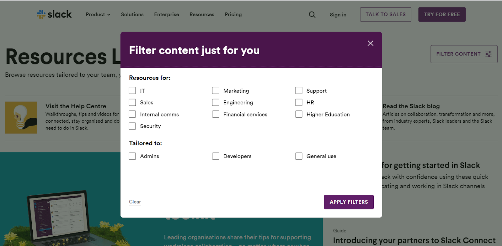 screenshot Slack Filter content just for you.