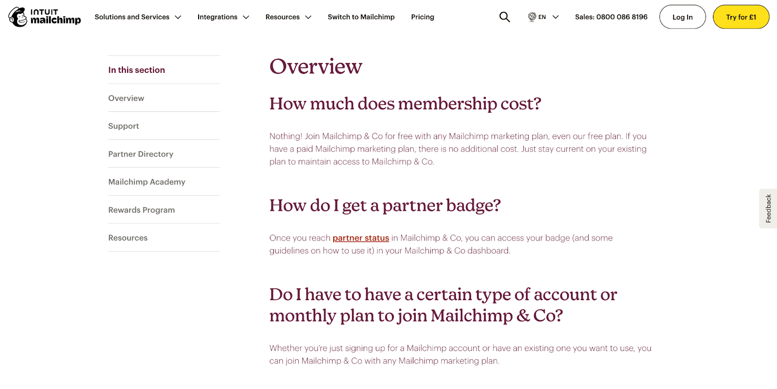 Mailchimp FAQ page screenshot