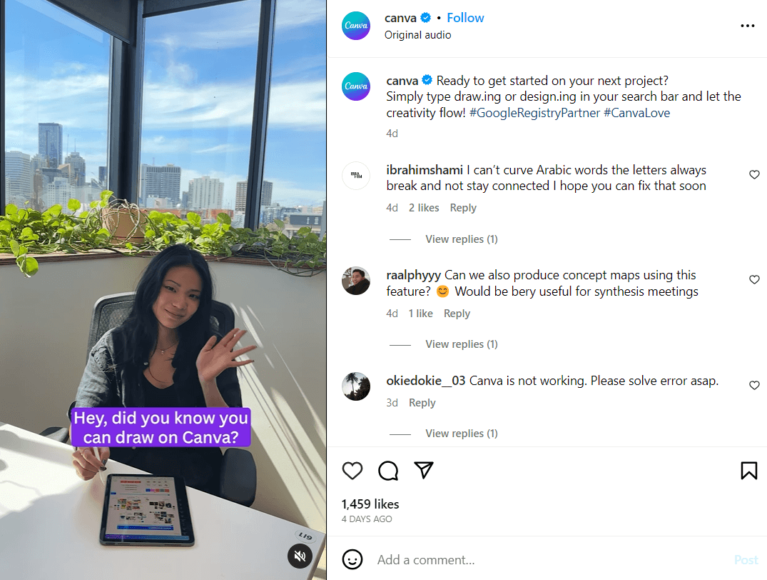 Canva Instagram post with a woman demonstrating the drawing feature on Canva with text overlay.