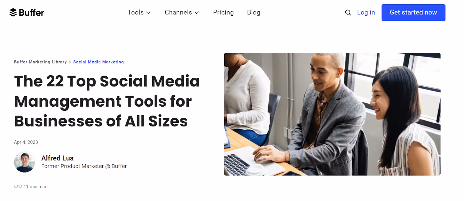 an article in Buffer website, entitled &quot;The 22 top social media management tools&quot;, almost all text field with a thumbnail of a man and woman sitting in front of a laptop with the man's left hand on the touchpad on the right