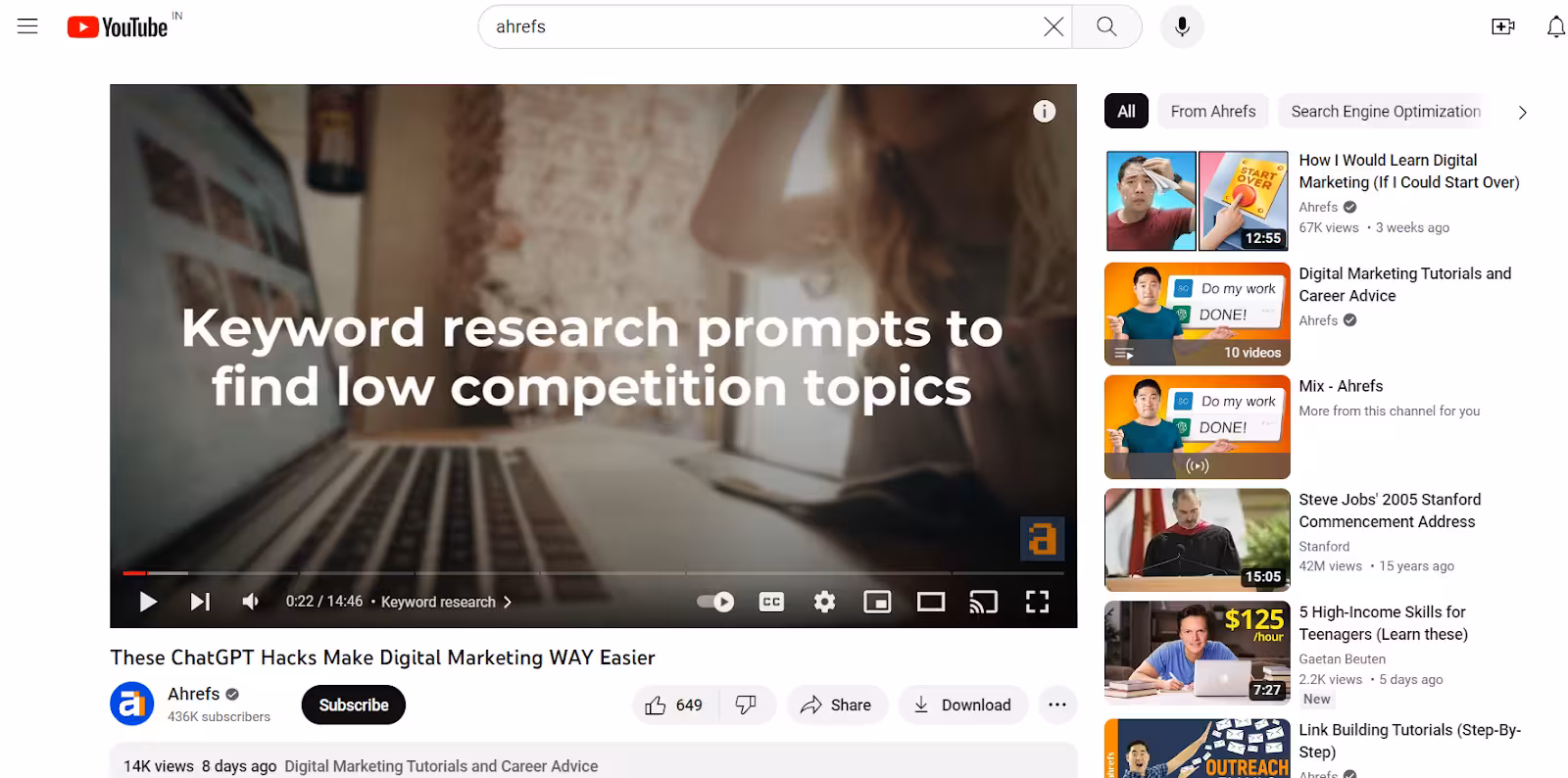 youtube video page entitled &quot; chatgpt hacks&quot; with a text in the video saying &quot;keyword search prompts&quot;